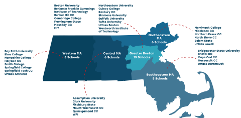 Map of Massachusetts divided into five regions — Western, Central, Greater Boston, Northeastern and Southeastern. Each region includes the names of participating colleges and universities and the number of institutions participating in the program within that region.